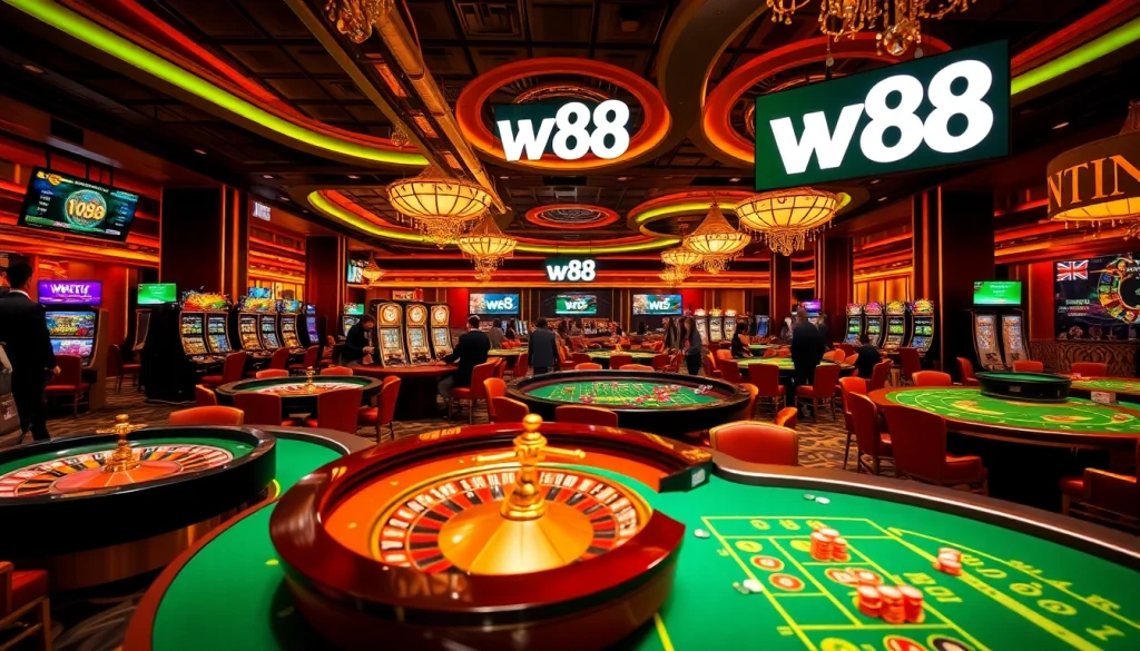 A vibrant casino scene showcasing casino tables and slot machines with a w88 link banner prominently displayed.