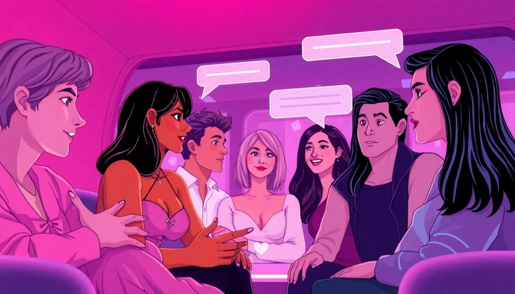 Engaging sex chat AI characters in a vibrant virtual conversation, showcasing intimate dynamics.