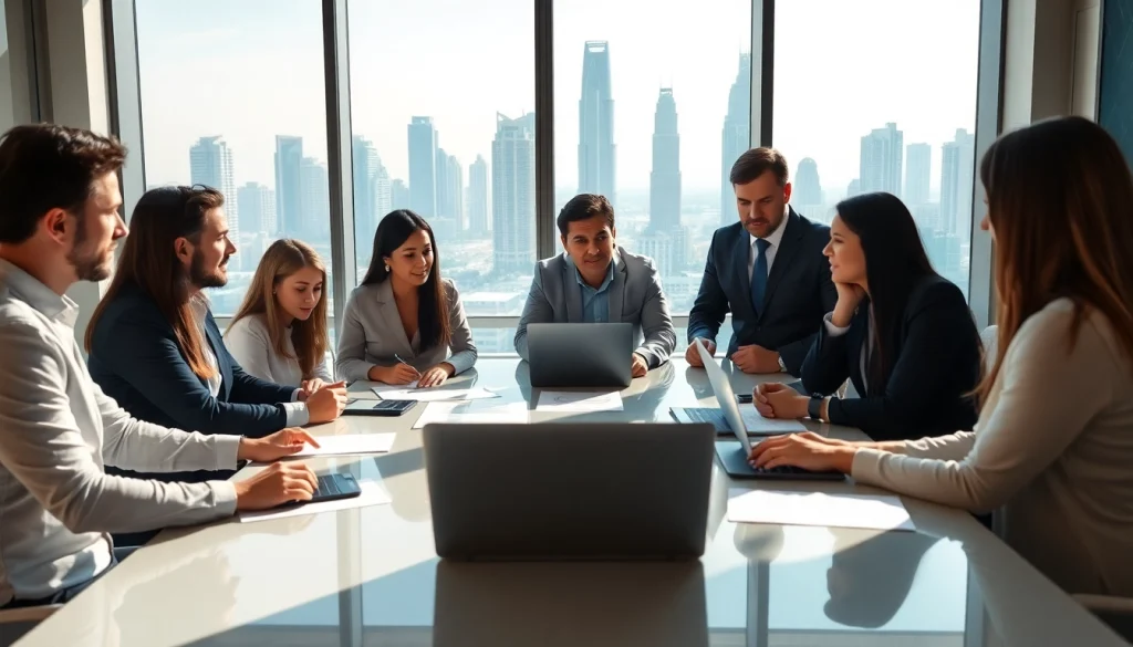 Business Consultants in Dubai collaborating in a modern office environment while discussing strategies.