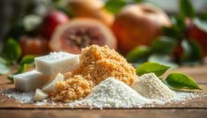 Industrieller Süßstoff in verschiedenen Formen, die ihre Texturen und Verwendung repräsentieren.