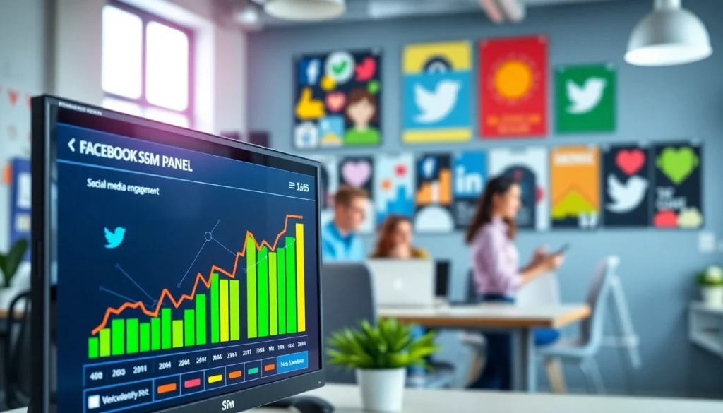 Showcase the features of a facebook smm panel in a dynamic marketing environment with metrics and collaboration.