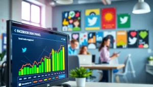 Showcase the features of a facebook smm panel in a dynamic marketing environment with metrics and collaboration.