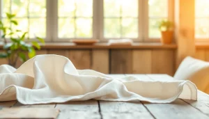 Linnen stof elegant uitgestald op een rustieke tafel met natuurlijk licht.