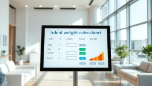 Calculate your ideal weight calculator results on a modern digital interface in a health clinic.