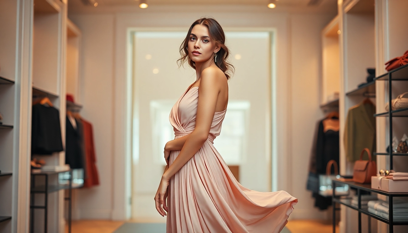 Rivelle garment showcased elegantly in a stylish boutique with soft lighting and chic accessories.