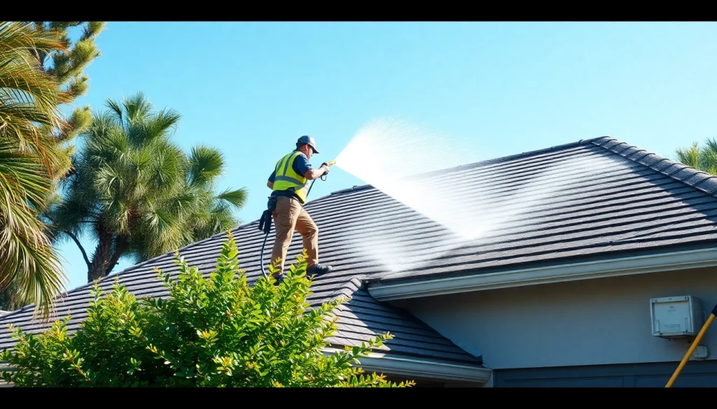 Roof cleaning service in Kissimmee, showcasing eco-friendly technology and professional crew enhancing home appearance.