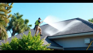 Roof cleaning service in Kissimmee, showcasing eco-friendly technology and professional crew enhancing home appearance.