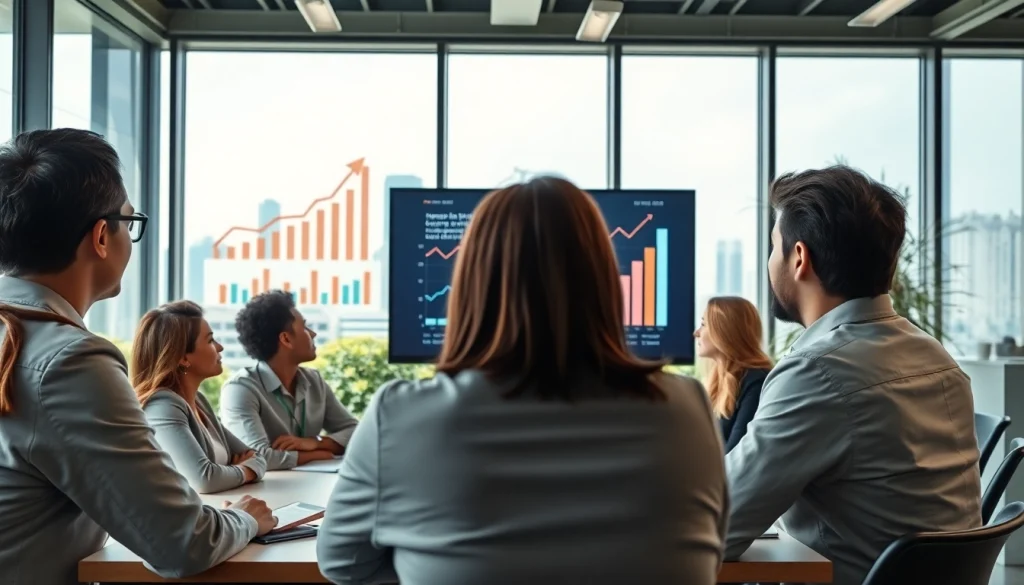 Analyze growth strategy trends in a professional setting showcasing teamwork and engaging presentations.