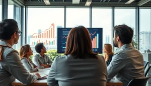 Analyze growth strategy trends in a professional setting showcasing teamwork and engaging presentations.