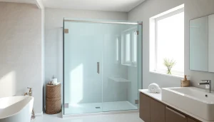 Showcase of a frameless glass shower enclosure emphasizing modern elegance and design.
