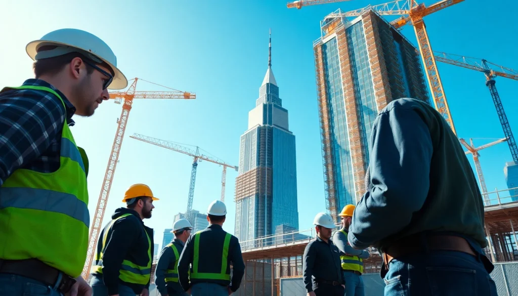 Manhattan General Contractor overseeing a construction project with skilled workers in a vibrant urban setting.