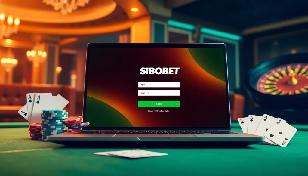 Engaging SBOBET login interface amidst a luxurious casino setting with poker elements.