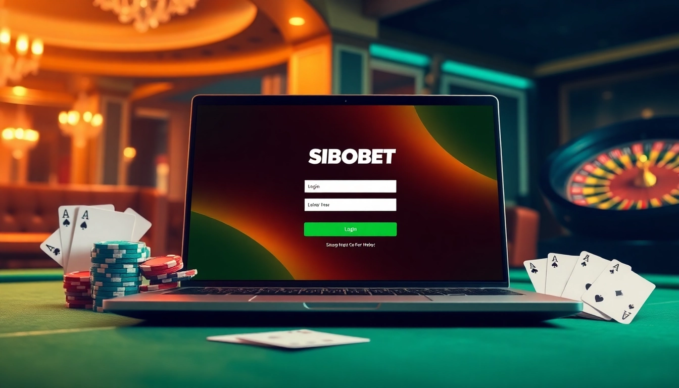 Engaging SBOBET login interface amidst a luxurious casino setting with poker elements.