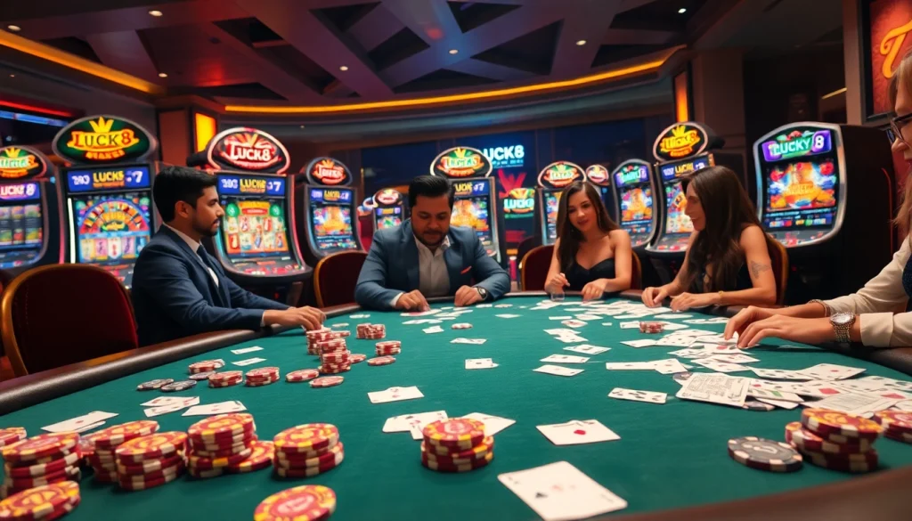 LUCK8: Bàn poker với các chip nhiều màu và lá bài tạo nên bầu không khí đầy phấn khích