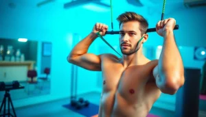 Fit individual using resistance bands for pull-ups in a bright gym, demonstrating exercise technique.