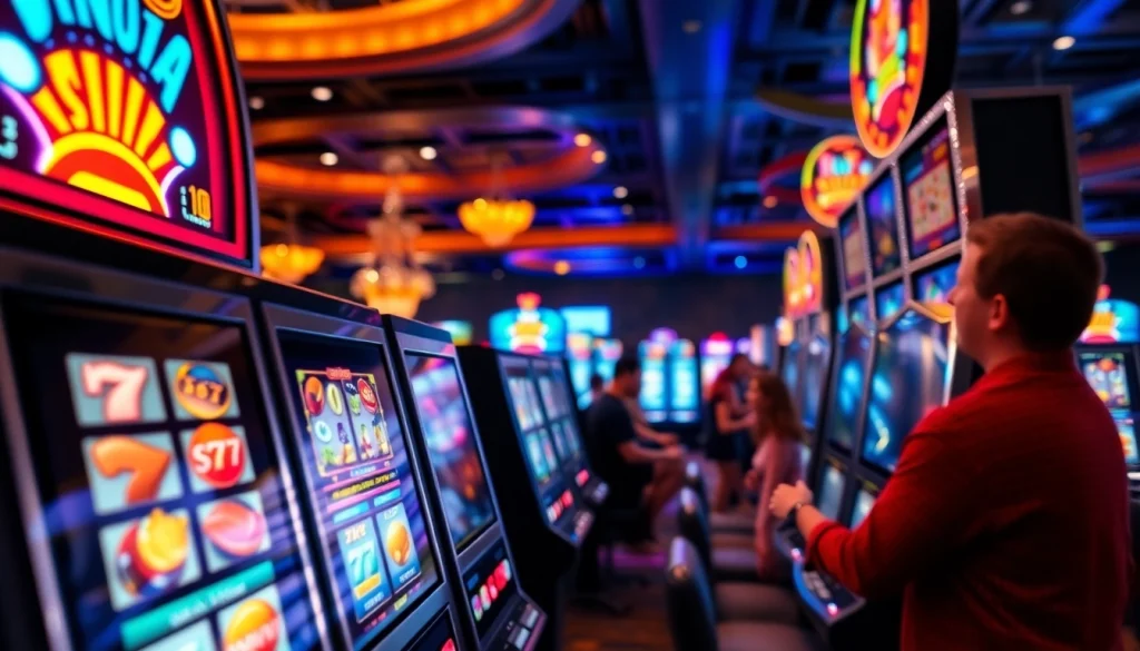 Menang dalam permainan slot depo 1k dengan suasana kasino yang meriah dan penuh kegembiraan.