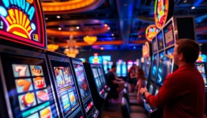 Menang dalam permainan slot depo 1k dengan suasana kasino yang meriah dan penuh kegembiraan.