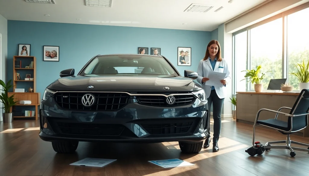 Showcasing an auto protection plan with an agent assisting a client in an office.