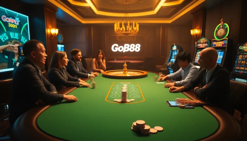 Players enjoying a thrilling poker game at Gopay88 with vibrant casino decor and stylish gambling elements.