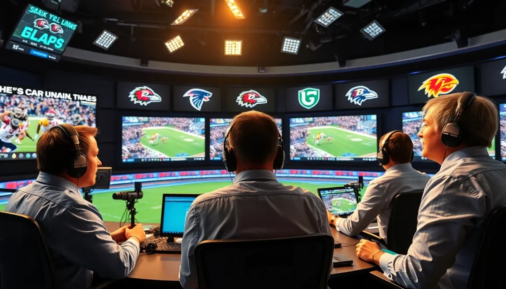 Engaging sports broadcasting scene highlighting dynamic newsroom activity and teamwork.