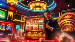 Engaging with the olympus slot machine in a vibrant casino environment filled with chips and excitement.