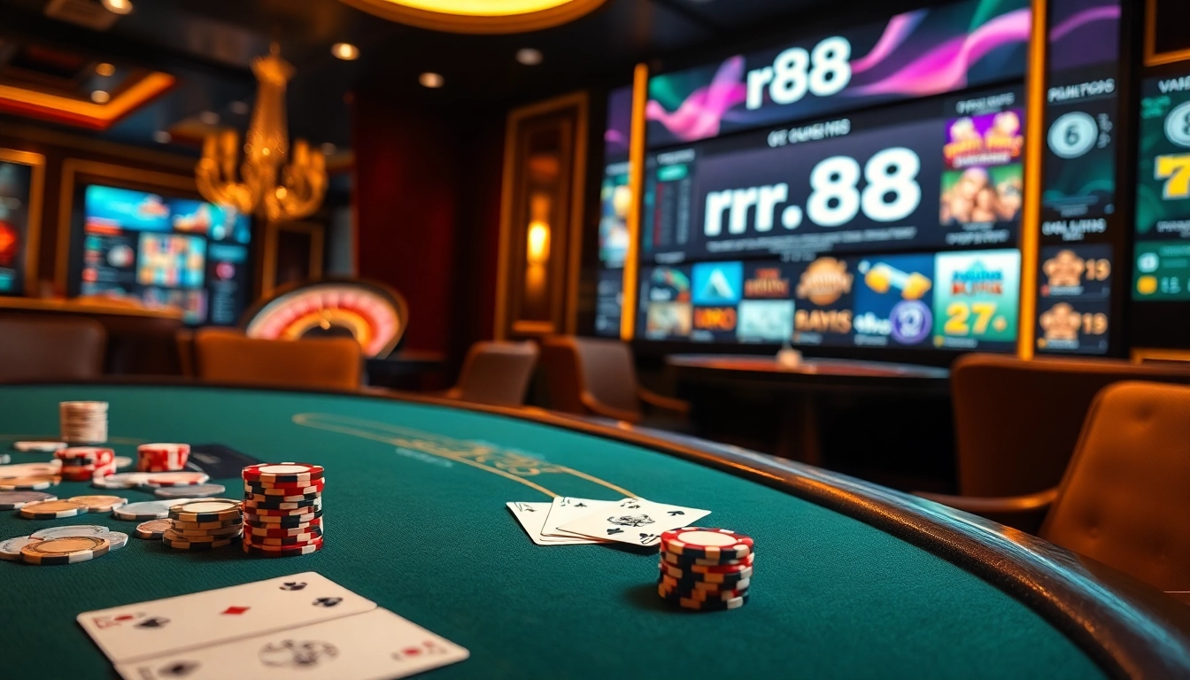 Experience thrilling online gaming with RR88 link at a vibrant casino scene featuring luxury tables and technology.