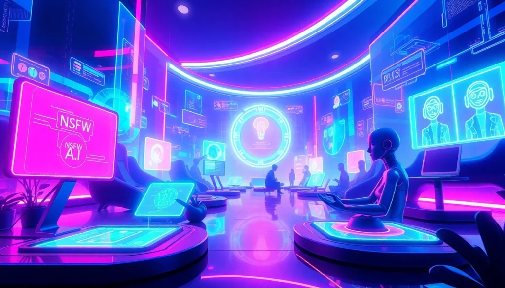 Vibrant digital landscape depicting NSFW AI interactions with glowing interfaces and character avatars.