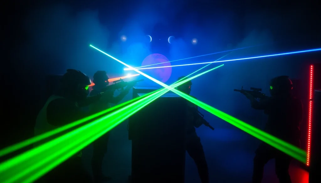 Experience the thrilling action of Laser tag with players engaged in an intense match in a vibrant arena.