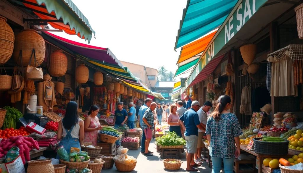 Vibrant traditional economy market scene showcasing vendors and fresh products.