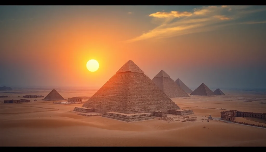 Reveal the ancient piraminds of Giza towering against a twilight sky with stunning textures.