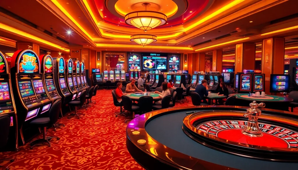 Experience the excitement of depo 5k at a bustling casino with vibrant slot machines and lively players.