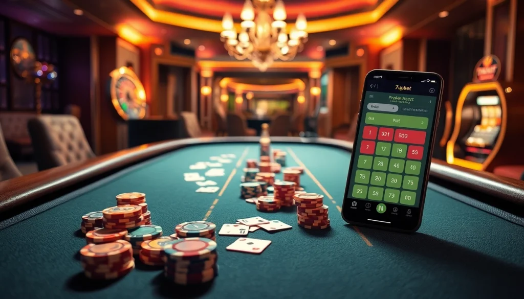 Exciting casino scene showcasing 7upbet online betting interface with poker chips and cards.