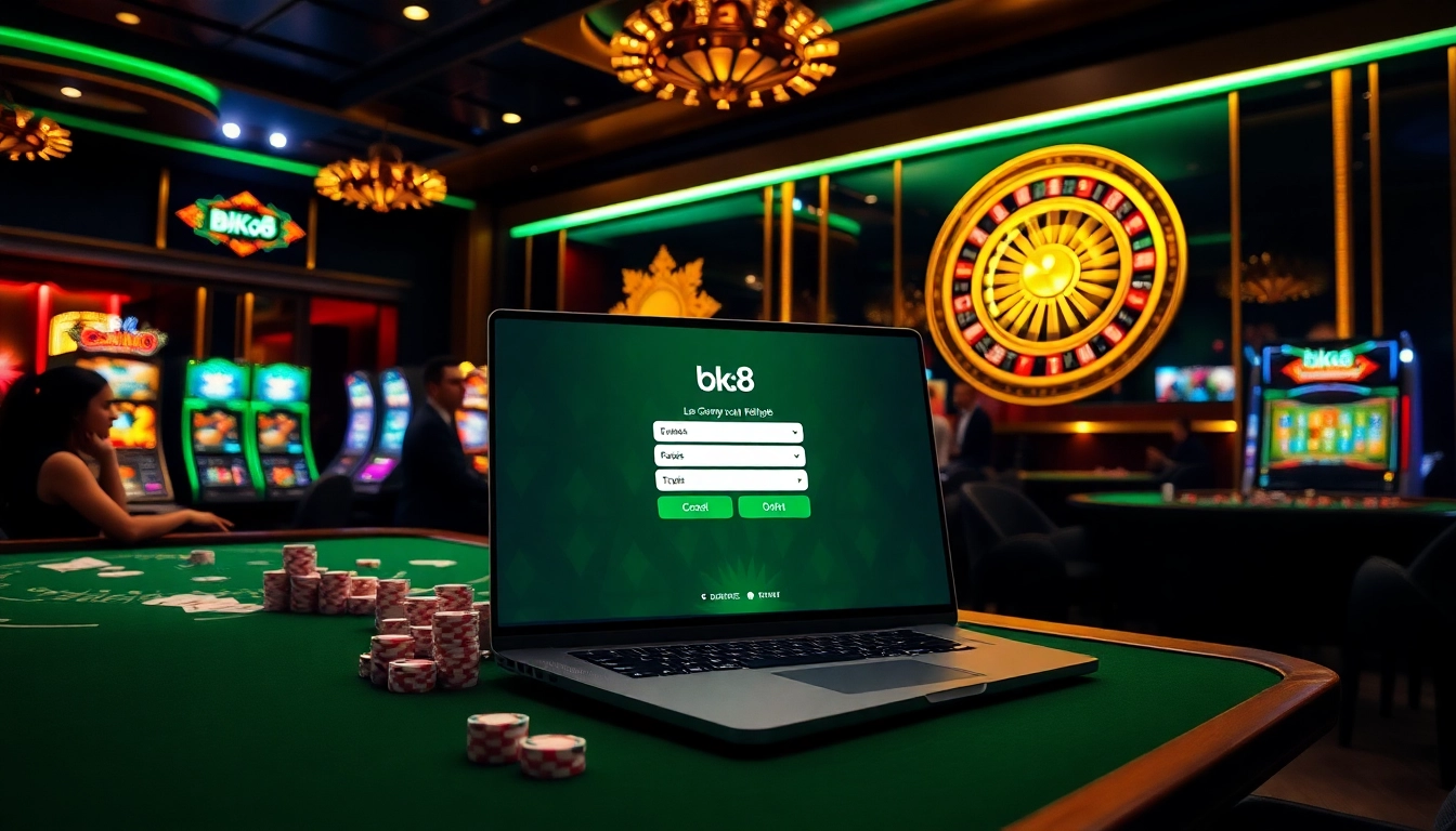 Experience seamless bk8 login as players immerse in a luxurious casino atmosphere with vibrant gaming elements.