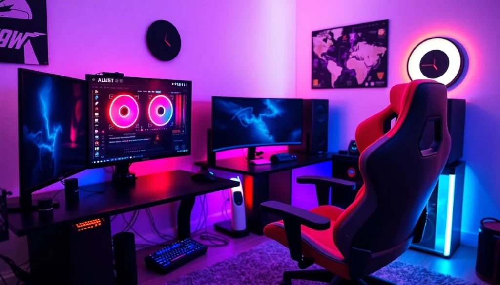 Menampilkan slot depo 1000 dalam pengaturan gaming dengan komputer modern dan pencahayaan LED.