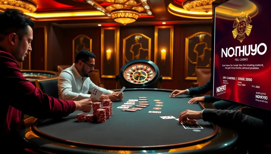 A thrilling poker game at a casino featuring NOHU90 branding, with vibrant chips and focused players.