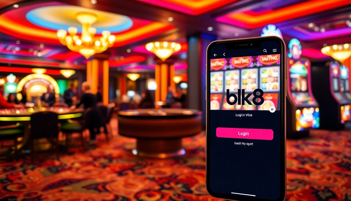 Experience seamless gaming with bk8 login at a vibrant casino, featuring roulette tables and slot machines.