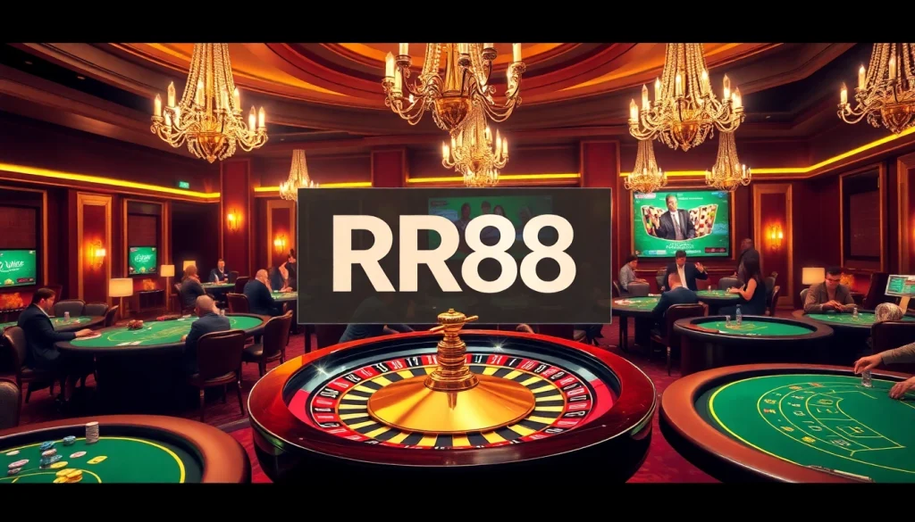 Experience the thrill of RR88 with dynamic casino tables featuring poker chips and a roulette wheel.