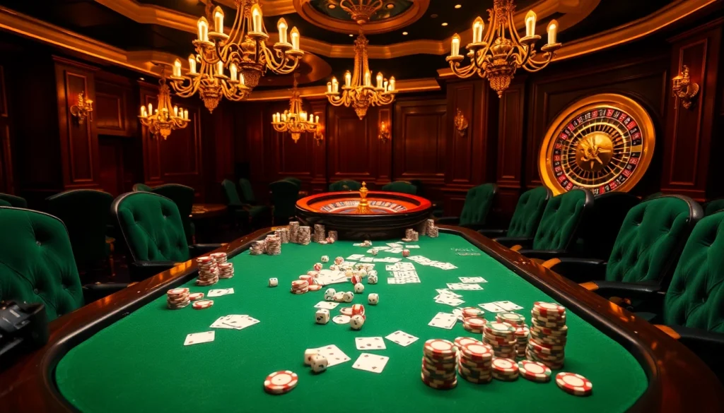 Exciting MMOO poker scene with vibrant chips, cards, and a roulette wheel in a luxurious casino.