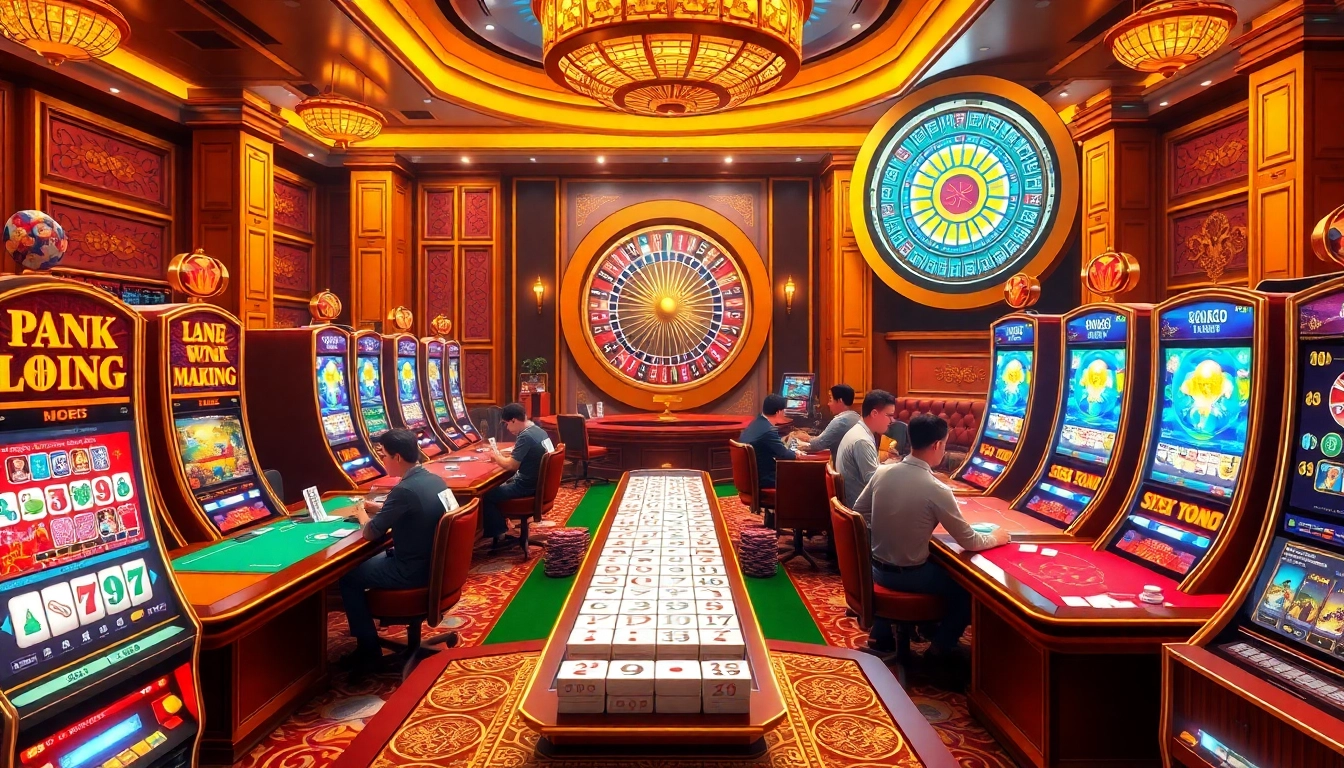 Experience the thrill of mahjong slot demo in an exquisite casino with vivid slot machines and engaged players.