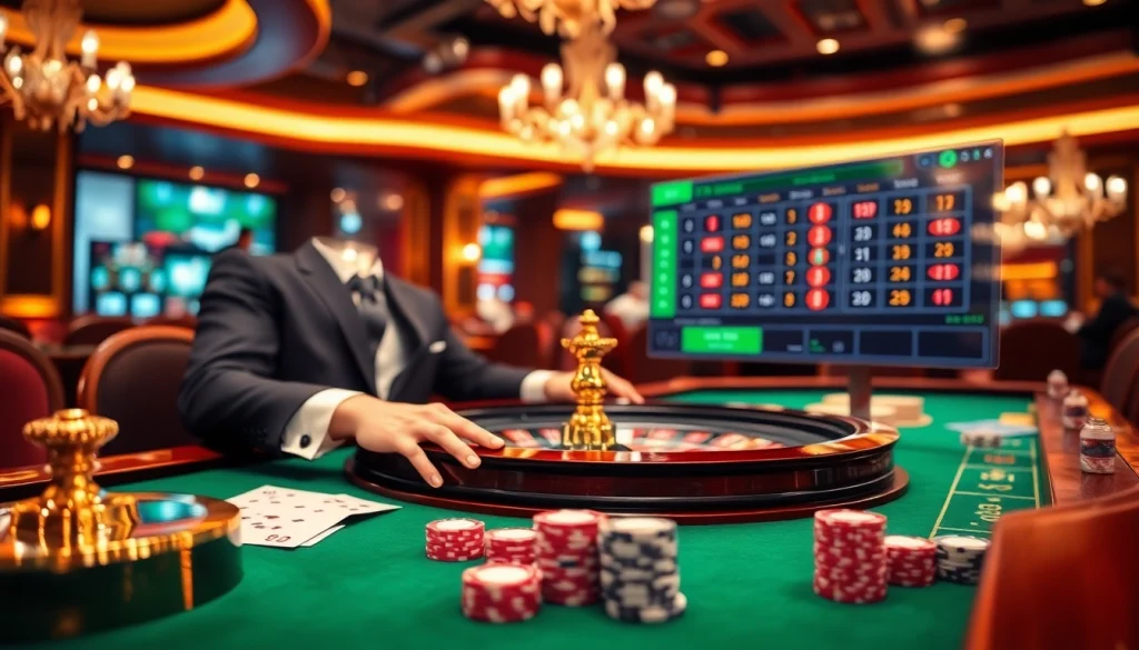 Players enjoying seamless bk8 login at a luxurious casino table with vibrant gambling elements.