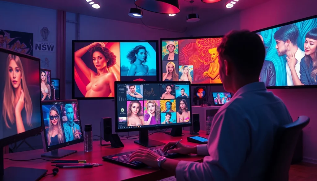 AI nsfw: Futuristic art studio showcasing AI-generated intimate artworks.