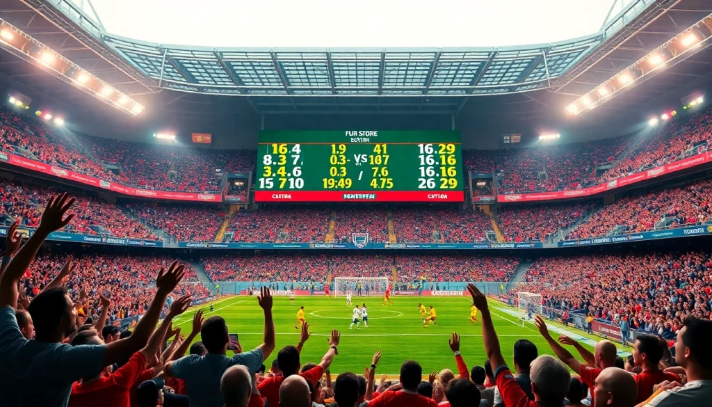 Check out the real-time scores of ผลบอลบ้าน in a vibrant stadium atmosphere.