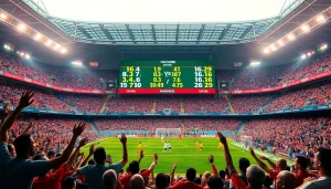 Check out the real-time scores of ผลบอลบ้าน in a vibrant stadium atmosphere.