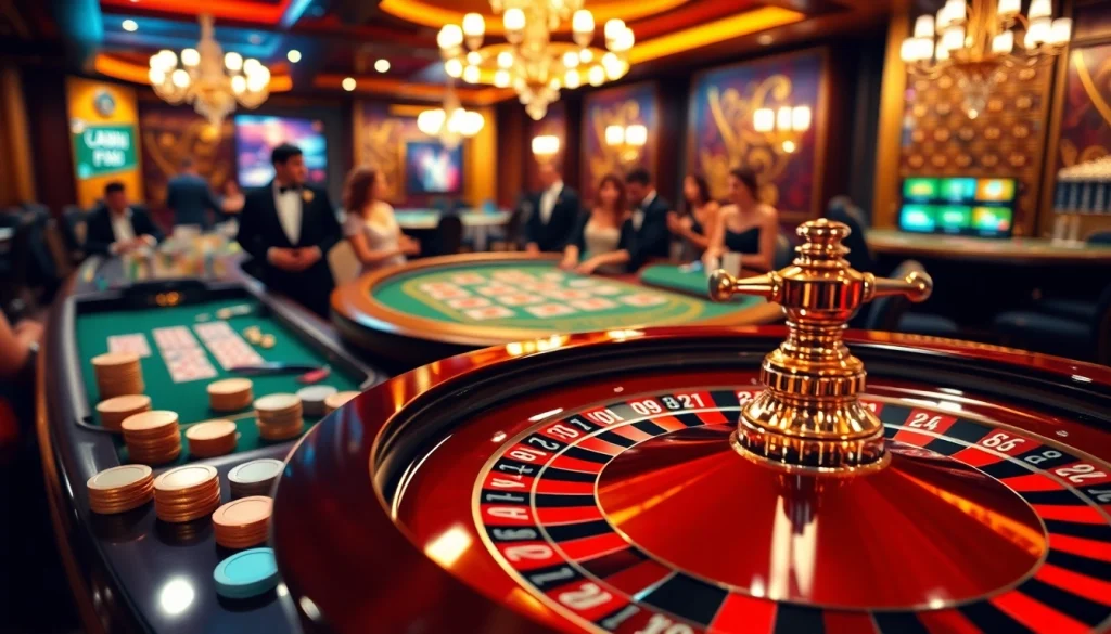 Exciting gambling scene at say88 com with a roulette wheel, chips, and players enjoying their time.