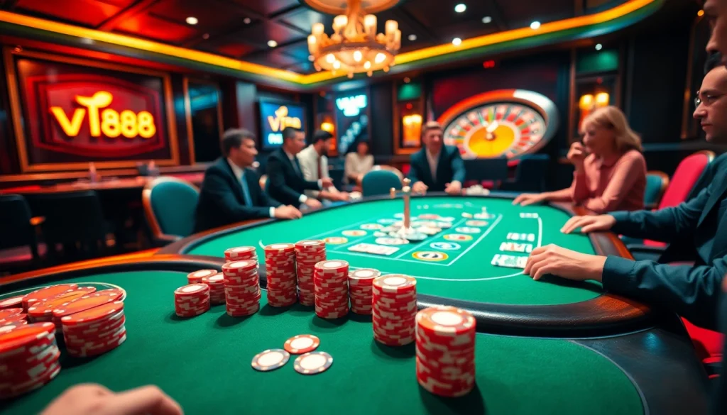 Exciting casino action with players at a poker table featuring vt88 branding.
