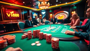 Exciting casino action with players at a poker table featuring vt88 branding.