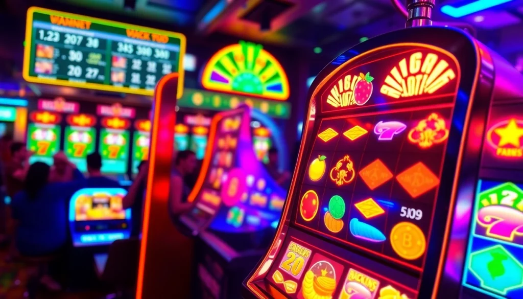 Permainan slot depo 1000 yang mengasyikkan dengan mesin slot berwarna-warni dan cerah.