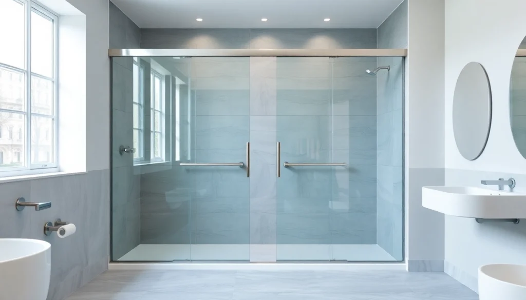 Experience the elegance of sliding shower doors in a modern bathroom setting.