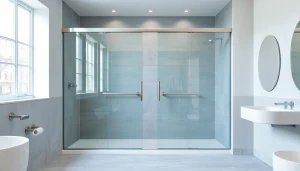 Experience the elegance of sliding shower doors in a modern bathroom setting.