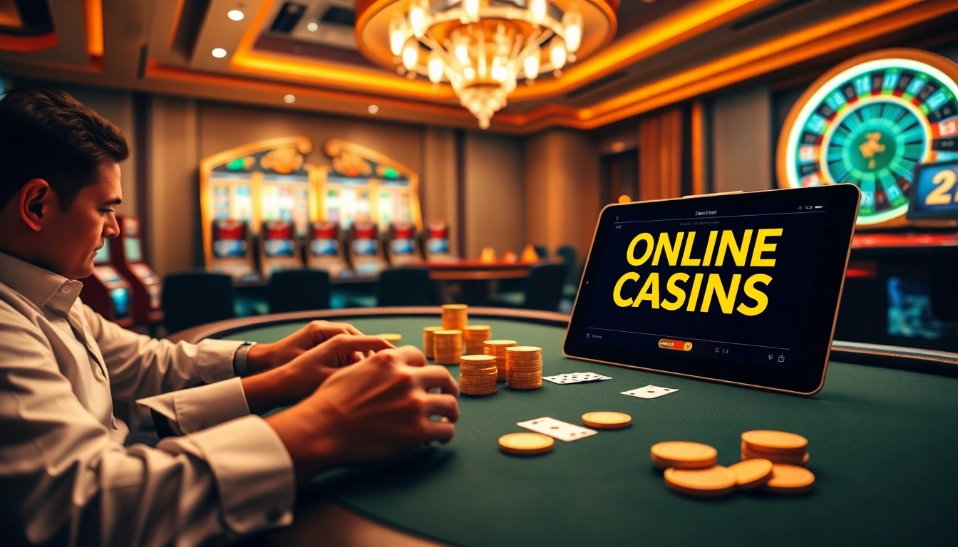 Jouer au poker à enjeux élevés dans les meilleurs casinos en ligne avec des tables vibrantes et un décor luxueux.